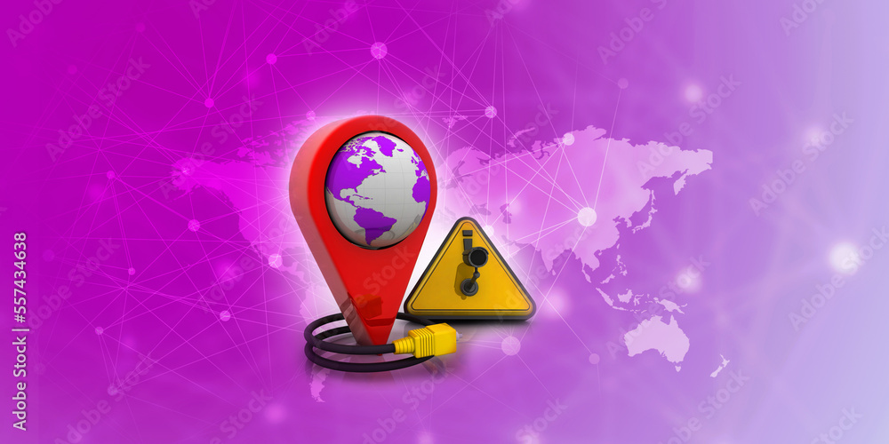 Poster 3d rendering red map pointer under cctv camera connected aux cable