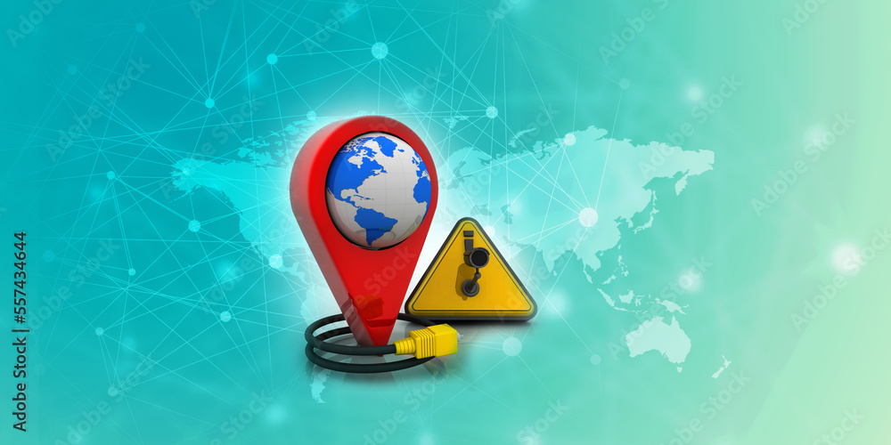 Poster 3d rendering red map pointer under cctv camera connected aux cable