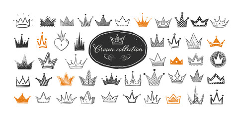 Collection of black and yellow doodle crowns on white background. Vector sketch illustration.