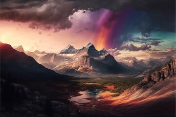 Fototapeta na wymiar a painting of a rainbow in the sky over a mountain range with a lake and a rainbow in the sky.