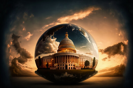 An architectural crystal globe featuring the Washington Congress. A fantastic and mythological atmosphere, with antique clouds for a breathtaking image.