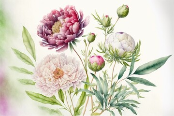 a painting of a bunch of flowers with leaves on a white background with a green border around the flowers.