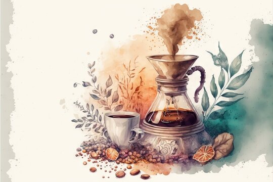 a painting of a coffee pot and two cups of coffee on a table with leaves and spices around it.