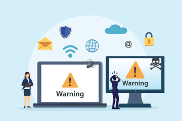 Two people looks stressed while using computer with warning sign