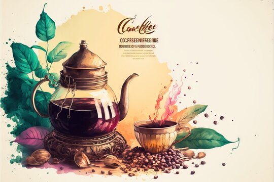 a coffee pot and a cup of coffee on a table with leaves and coffee beans on it.