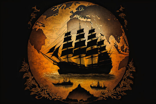 Stunning contrast on vintage world map and Renaissance tall ship sailing in a sunset colored ocean. A decorative image inspiring adventure and exploration.