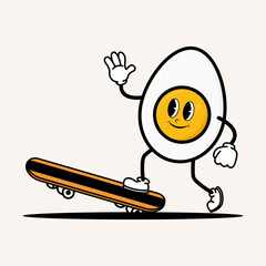 Cute cartoon boiled egg mascot character playing skateboard. Mascot vintage style food illustration concept