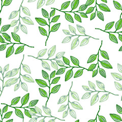 Freehand branches with leaves seamless pattern. Hand drawn organic background. Decorative forest leaf endless wallpaper.