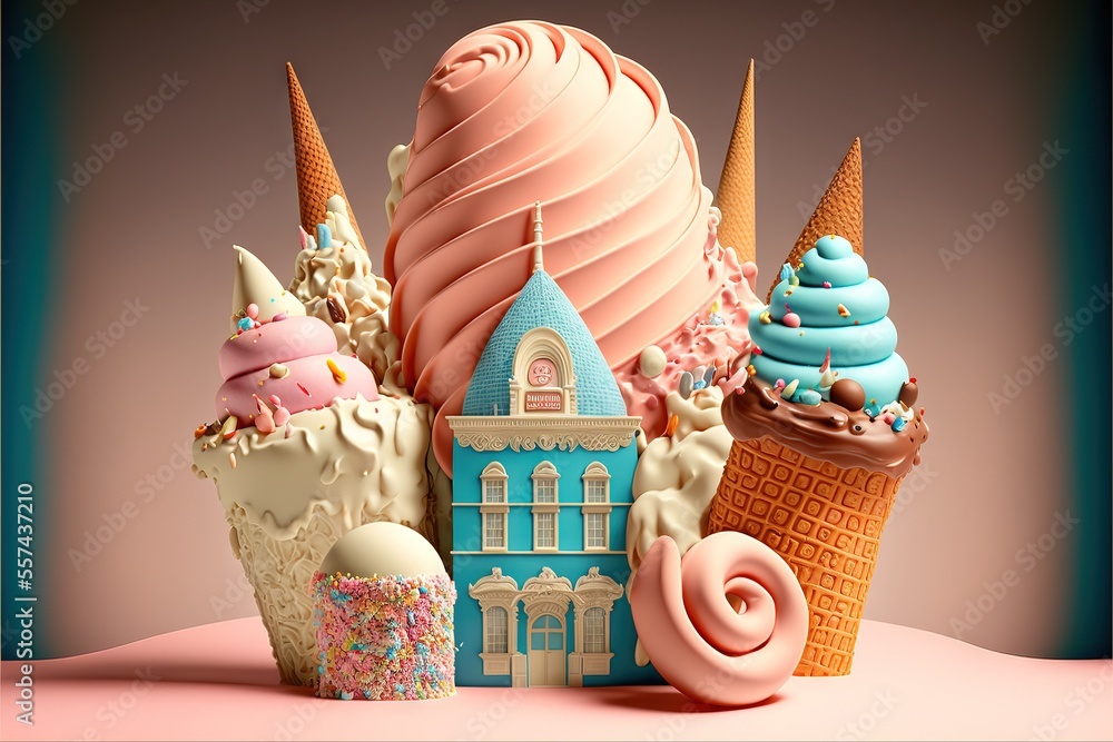 Poster a group of ice creams and a building with a tower on top of it and a pink background. generative ai