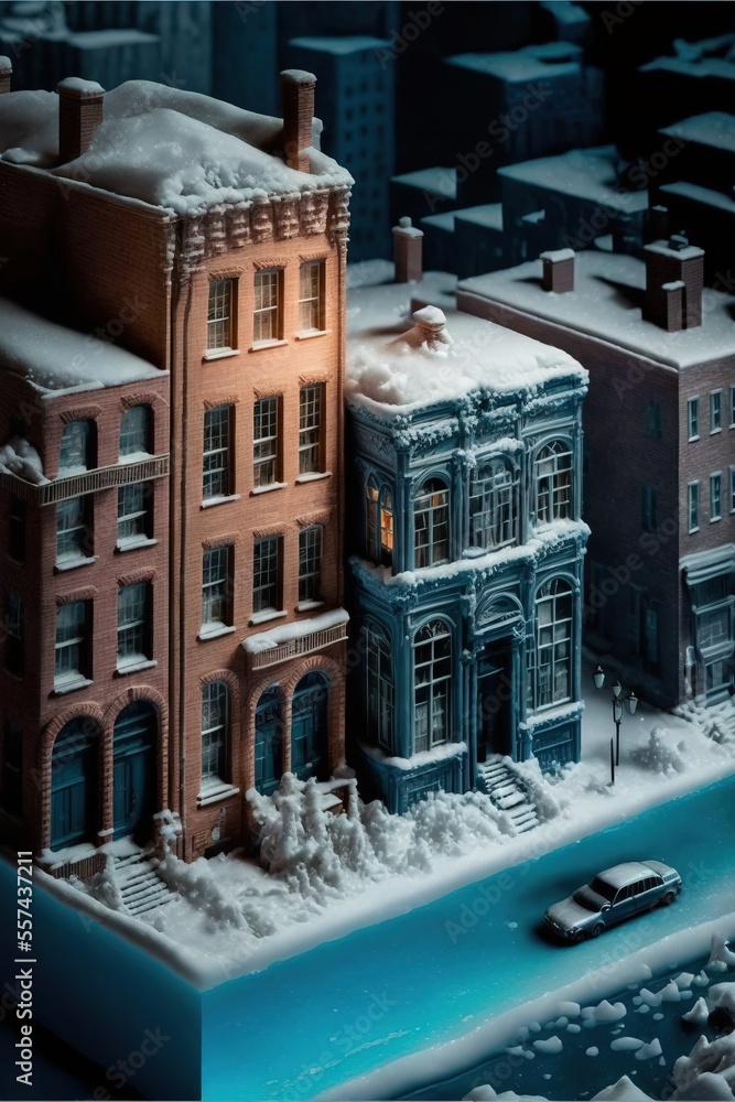 Poster a model of a building with a car parked in front of it and snow on the ground around it. generative 