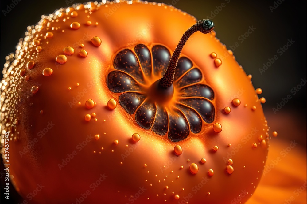 Poster a tomato with a unique design on it's side and a black background behind it. generative ai