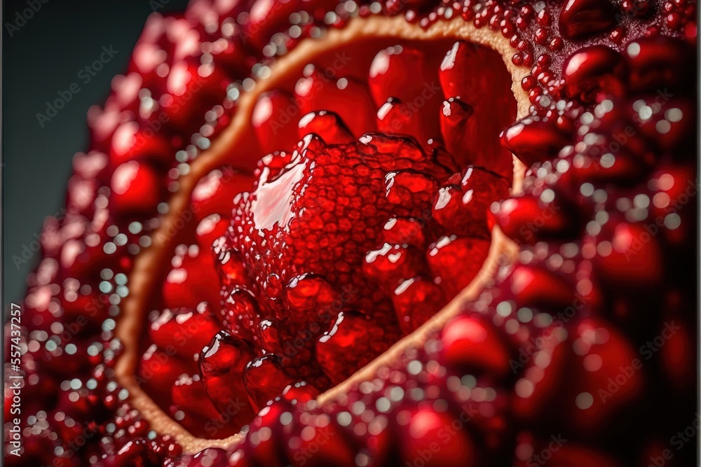 Poster a close up of a red fruit with drops of water on it's surface and a black background. generative ai