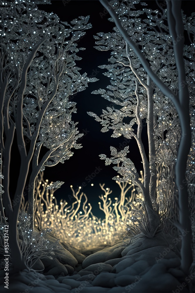 Aufkleber a night scene with a path through a snowy forest with trees and lights on the ground and snow on the