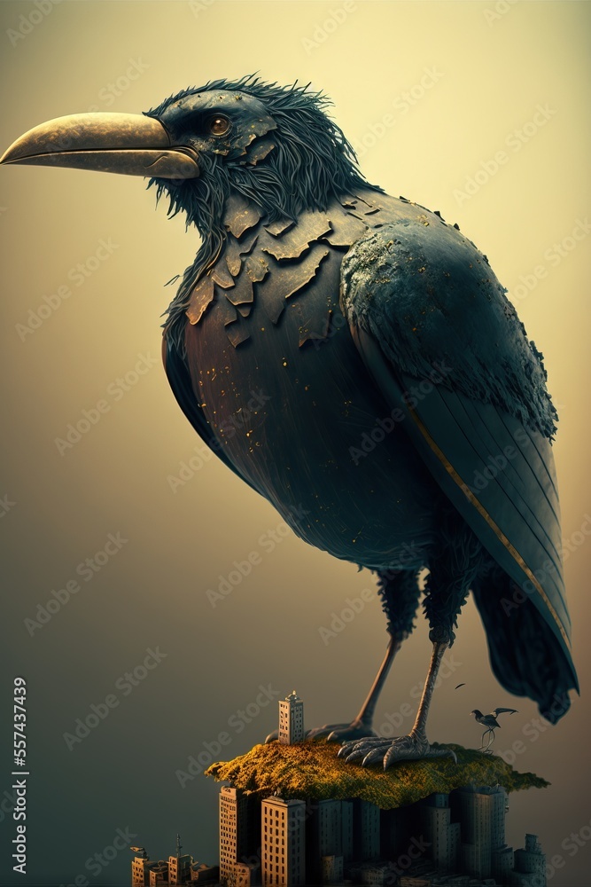 Poster a bird with a long beak standing on a small island with a city in the background and a bird on top o