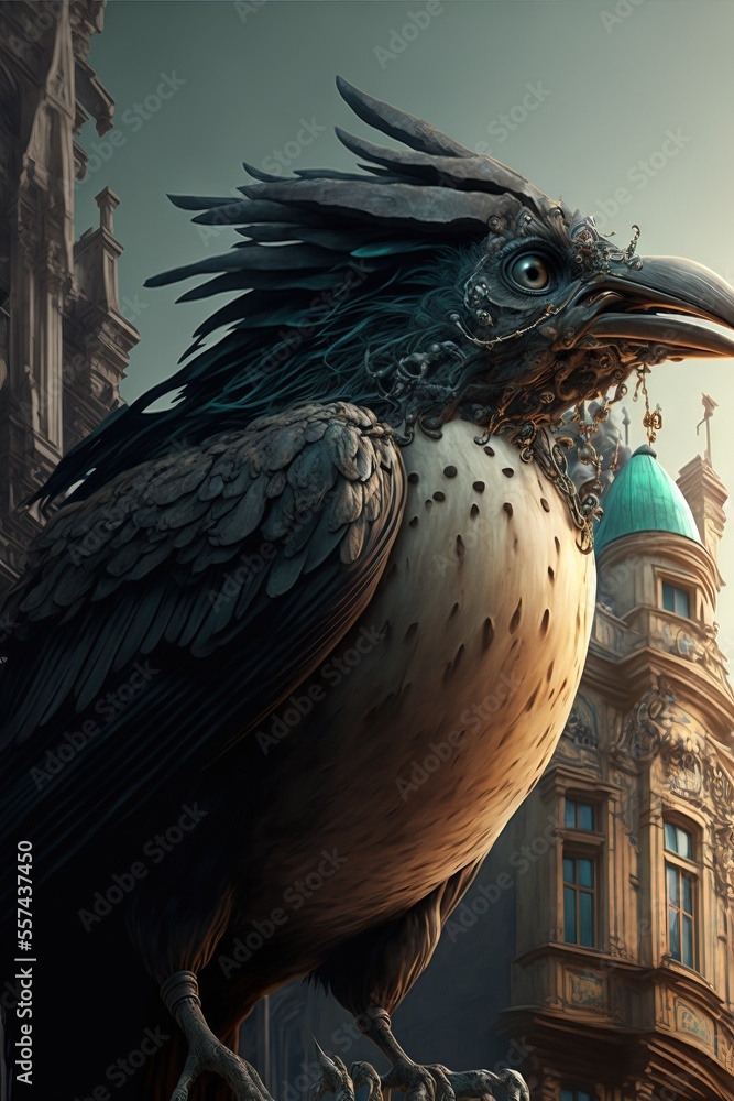 Poster a bird with a large beak standing on a ledge in front of a building with a clock tower in the backgr