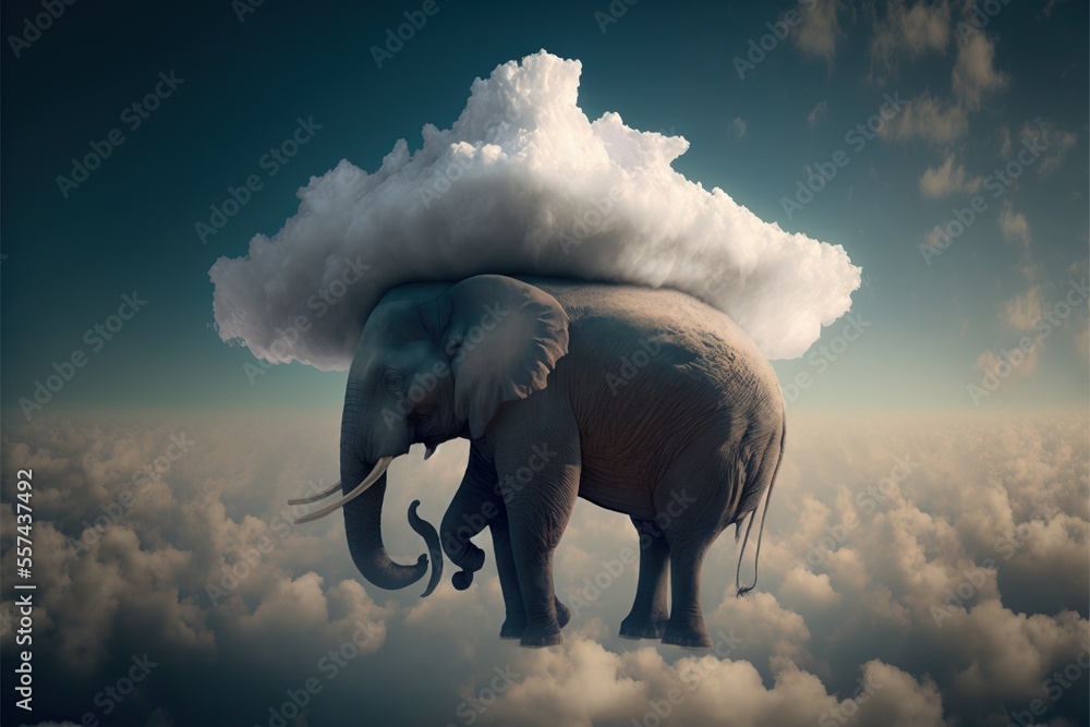 Poster an elephant is standing on a cloud in the sky with its trunk in the air and it's head in the clouds.