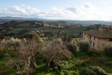 Fototapeta na wymiar Panorama of the Sienese countryside (Tuscany) in autumn, hills, trees and ancient rural houses.