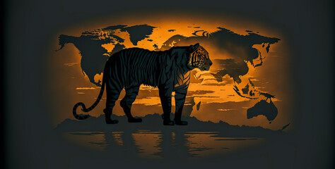 Fototapeta premium A tiger is drawn against a world map background. An impressive silhouette, it adds a dynamic touch to any graphic project.