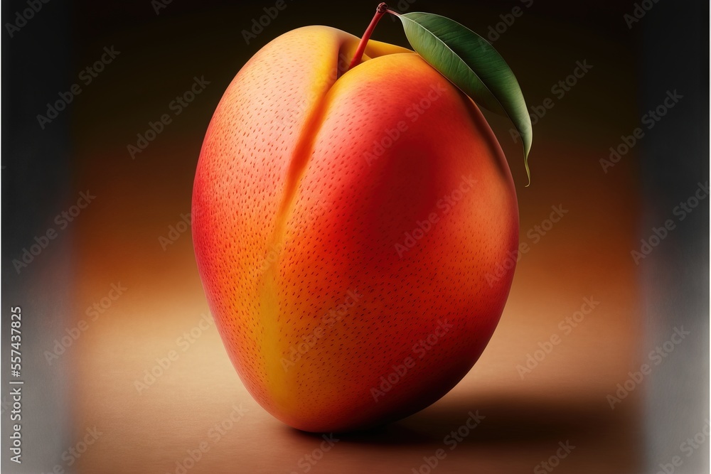 Poster a peach with a leaf on top of it on a table top with a brown background and a black frame. generativ