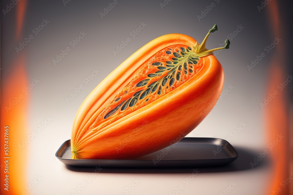 Poster a piece of fruit is on a plate on a table with a fire background and a gray background behind it. ge
