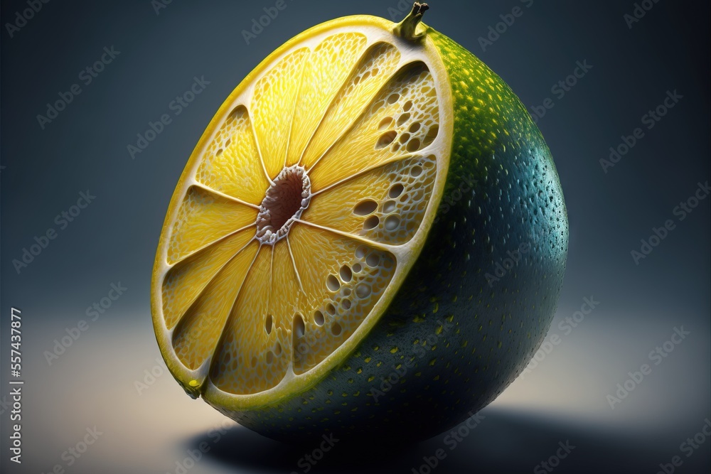 Poster a lemon with a slice cut out of it's side sitting on a table top with a black background. generative