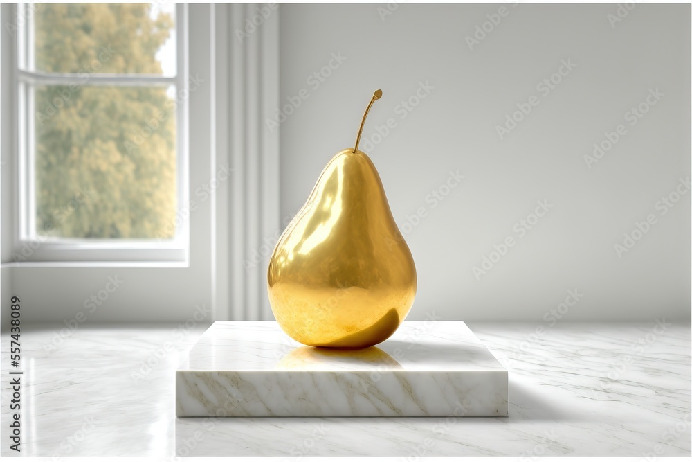 Poster a golden pear on a marble base in front of a window with a white wall and a window sill. generative 