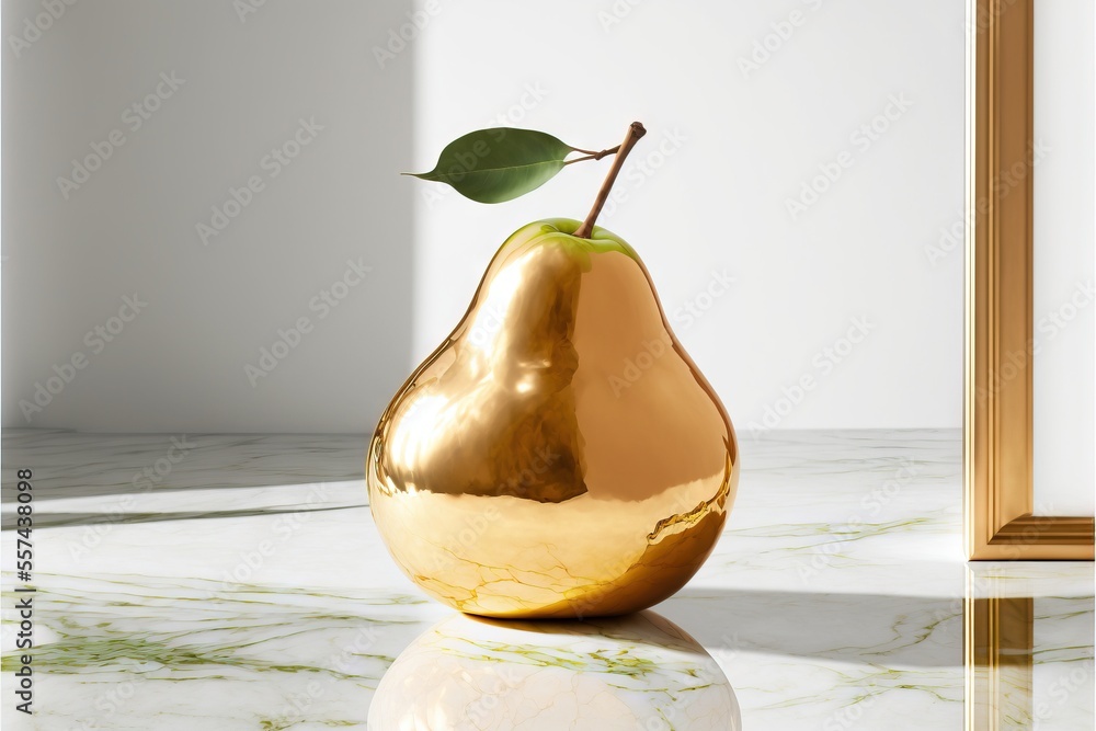 Poster a golden pear shaped vase with a green leaf on top of it on a marble table top with a mirror. genera