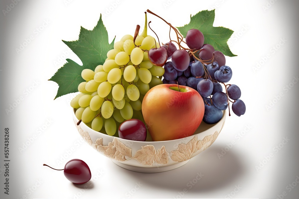 Poster a bowl of fruit with a leaf on the side of it and a cherry on the side of it. generative ai