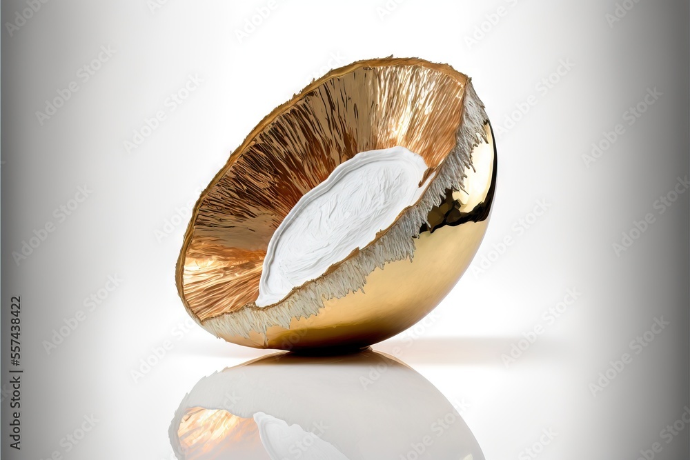 Poster a golden bowl with a white substance inside of it on a reflective surface with a reflection on the f