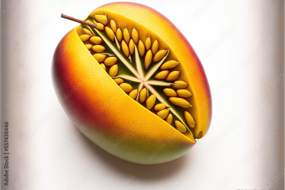Poster a fruit with a leaf on it is shown in a picture frame with a white background and a white background