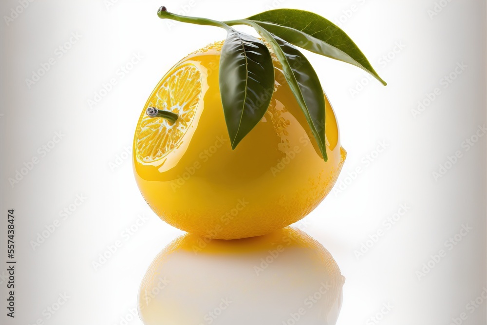 Poster a lemon with a leaf on it sitting on a table top with a white background and a reflection of the lem