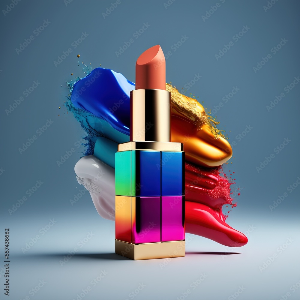 Aufkleber a lipstick with a multicolored lipstick on it and a blue background with a gold border around it. ge