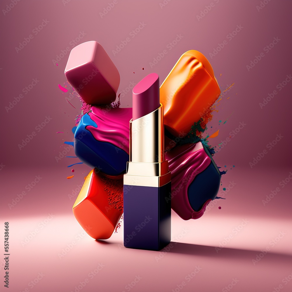 Poster a lipstick with colorful paint splatters on it and a pink background with a pink background and a pi