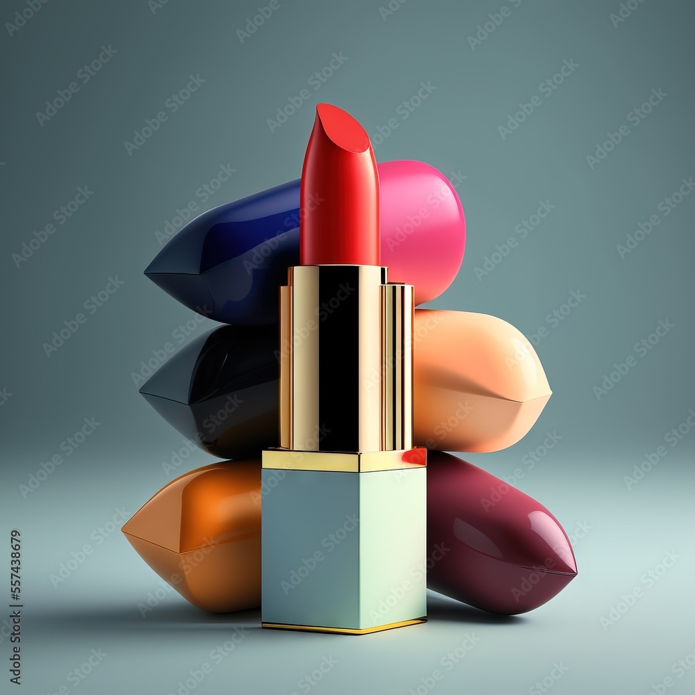 Poster a stack of lipsticks sitting on top of each other on a table next to a gray background with a blue b