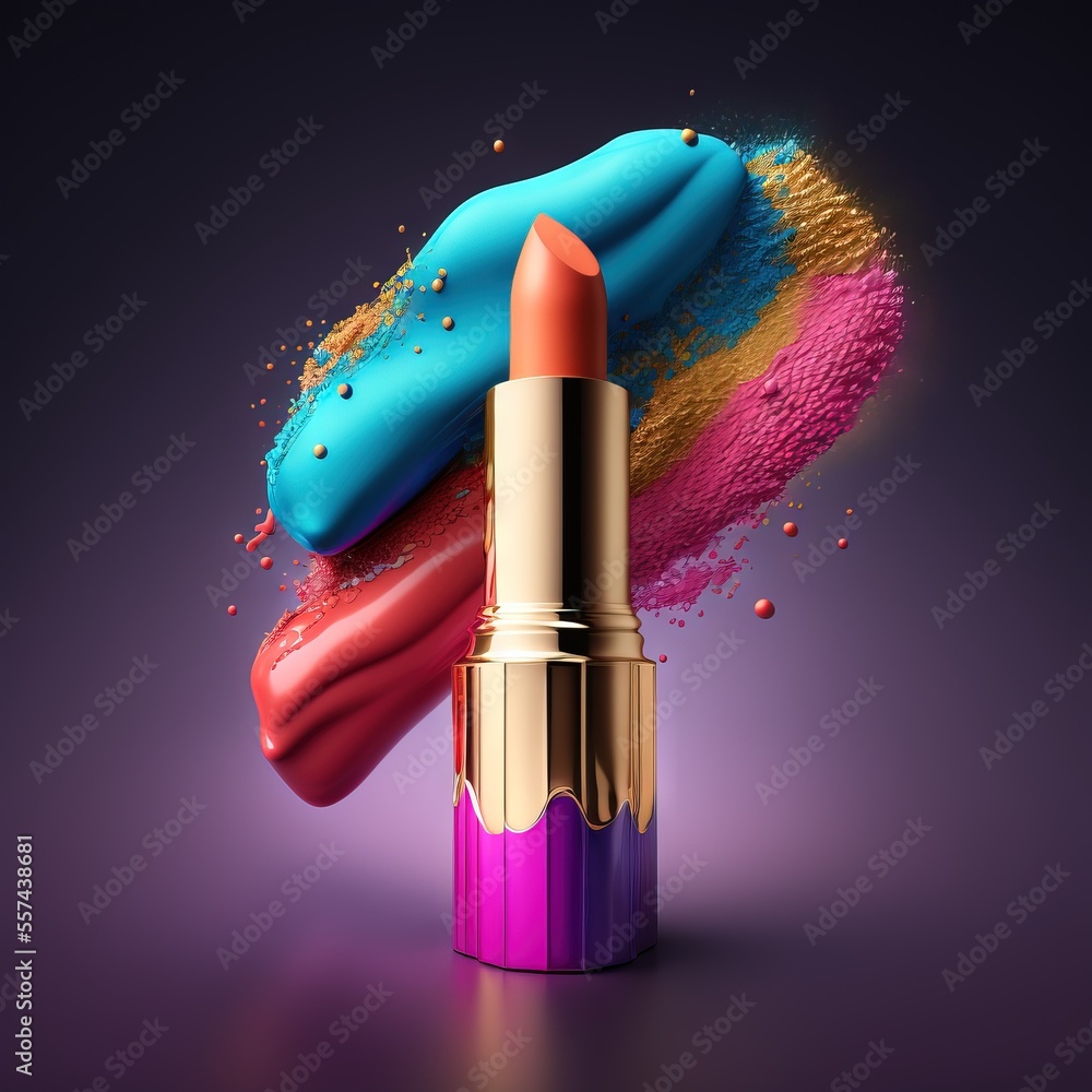 Poster a lipstick with a colorful powder on it and a lipstick brush in the background with a multi - colore