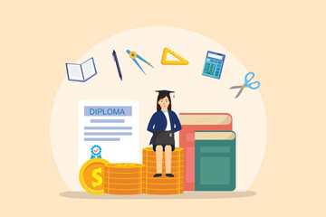 Financial savings and investment in education vector concept. Student sitting on a stack of coins with books and diploma background.