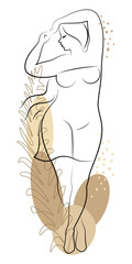 Beautiful woman silhouette and plant leaf in modern single line continuous style. The girl is overweight. The lady is standing. vector illustration.