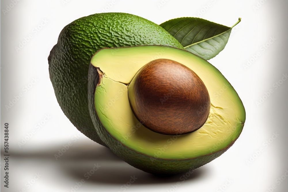 Poster an avocado with a half cut in half and a leaf on top of it. generative ai
