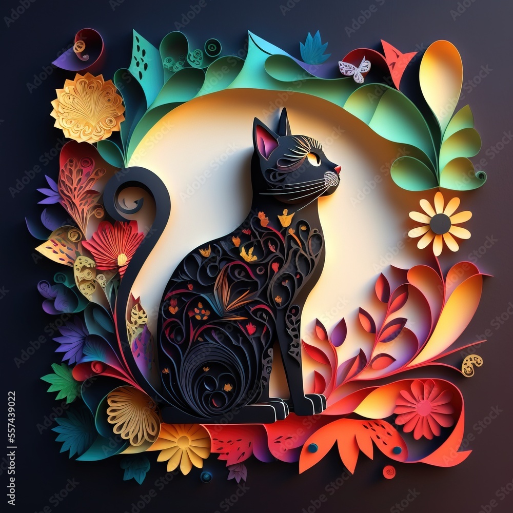 Poster a paper cut art of a cat sitting on a flowery branch with a moon in the background and a background 