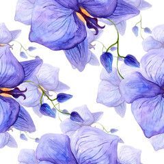 
Watercolor orchid flowers in a seamless pattern. Can be used as fabric, wallpaper, wrap.
