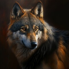  a painting of a wolf with orange eyes and a black background is shown in this image. Generative AI
