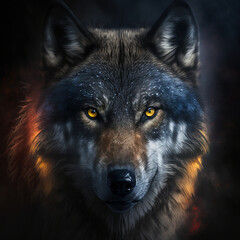  a wolf with yellow eyes and a black background with a red glow on its face and a black background with a red glow on its eyes. Generative AI