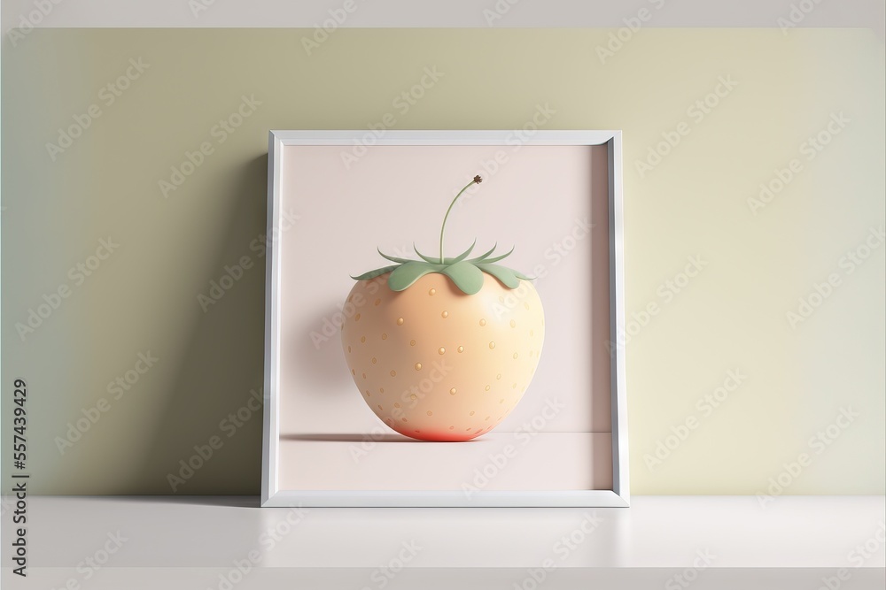 Poster a picture of a strawberry in a frame on a shelf with a green leaf on top of it. generative ai