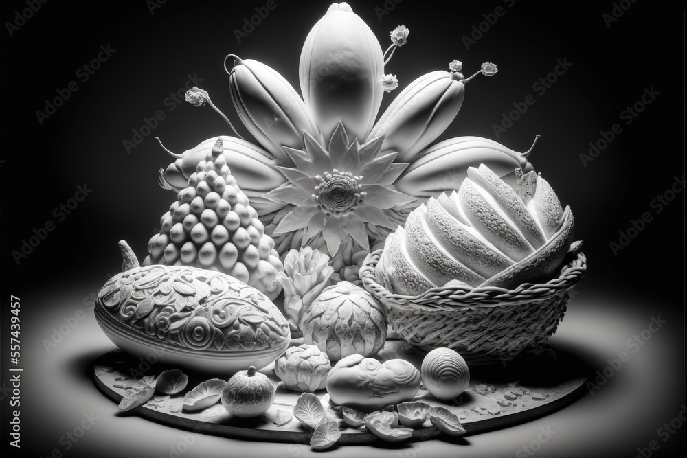 Poster a black and white photo of a bunch of different objects on a plate with a black background and a bla