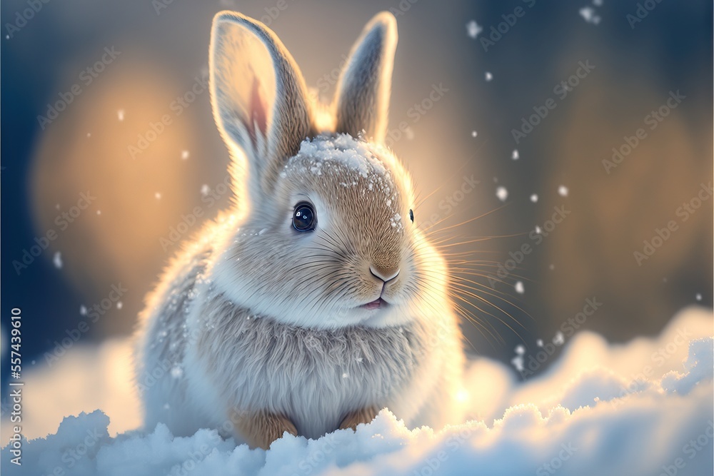 Poster a rabbit sitting in the snow with a snowflake in the background and a sky background with snow. gene