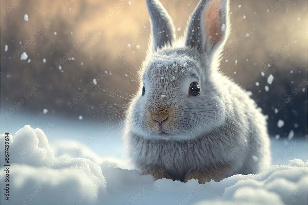 Poster a rabbit is sitting in the snow with snow falling on it's face and ears. generative ai