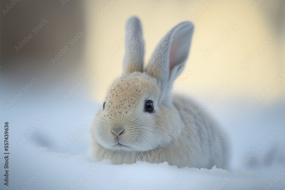 Poster a white rabbit sitting in the snow looking at the camera with a sad look on its face and ears. gener