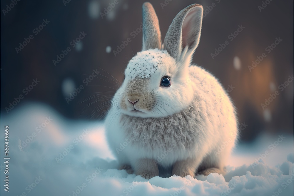 Poster a white rabbit sitting in the snow with a snowflake on its head and ears. generative ai