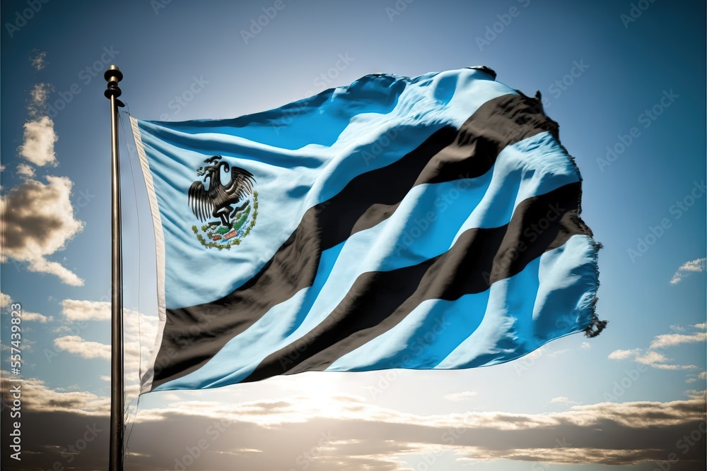 Poster a flag flying in the wind with a blue sky in the background and clouds in the sky behind it. generat