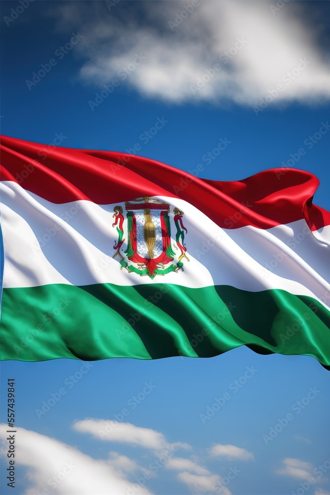 Poster a flag flying in the wind with a blue sky in the background and clouds in the background. generative